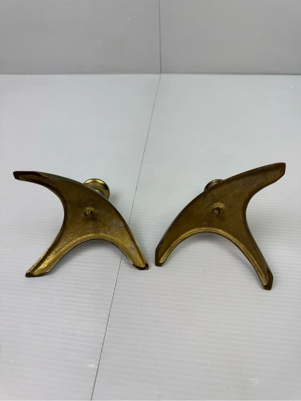 VTG Mid Century Modern Brass Candle Holders Boomerang Tripod Wishbone Taper Pair